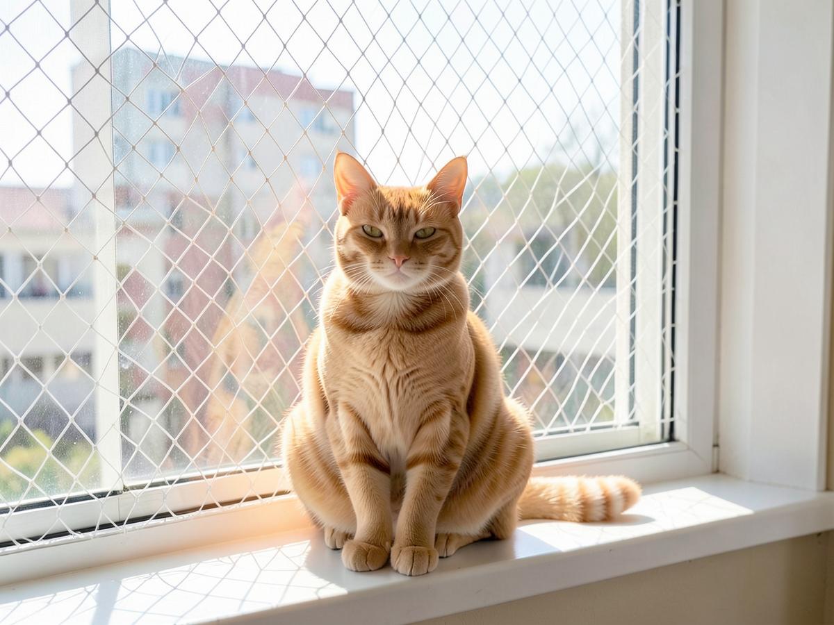 Gato em segurança atrás de tela de proteção instalada na janela